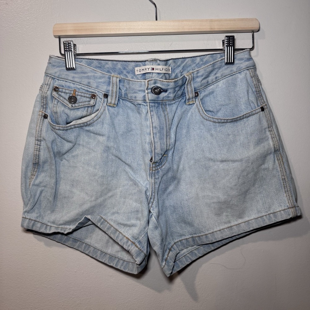 VTG Y2K Tommy Hilfiger Jean Shorts Womens Size 6 Logo Blue Denim High Rise